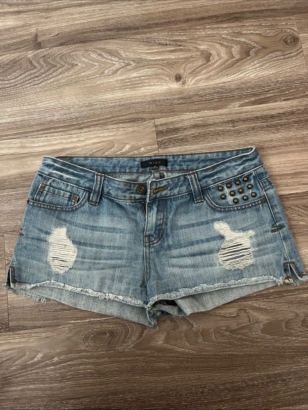 Mine Distressed Denim Shorts with Stud Detail